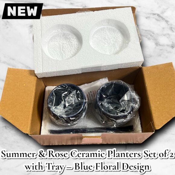 NEW Summer & Rose Ceramic Planters Set of 2 with Tray – Blue Floral Design - Picture 8 of 10